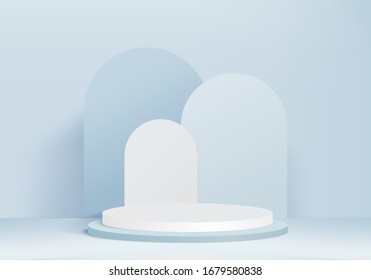 Background Vector 3d Blue Rendering With Podium And Minimal Blue Pastel Wall Scene, Product Background 3d Blue Podium Rendering Abstract Shape Blue Pastel. Scene 3d Background For Product On Glass