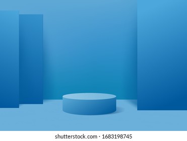 Background vector 3d blue rendering with podium and minimal blue wall scene, minimal abstract background 3d rendering abstract geometric shape blue pastel color. Stage for awards on website in modern.