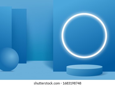 Background vector 3d blue rendering with podium and minimal blue wall scene, minimal abstract background 3d rendering abstract geometric shape blue pastel color. Stage for awards on website in modern.