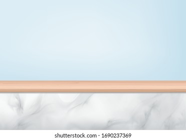 Background vector 3d blue rendering with marble and wood on top, minimal abstract background 3d rendering abstract geometric shape blue pastel color. Stage for awards on website in modern.