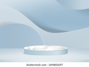 Background vector 3d blue rendering with marble podium and minimal blue wall scene, curve background 3d rendering abstract geometric shape blue pastel. Stage for product in marble podium background