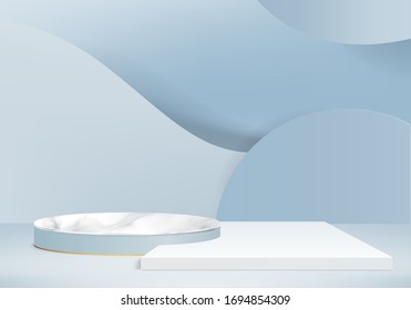 Background vector 3d blue rendering with marble podium and minimal blue wall scene, curve background 3d rendering abstract geometric shape blue pastel color. Stage for awards on website in modern.