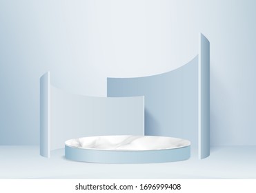 Background vector 3d blue rendering with podium and minimal blue wall scene, minimal abstract background 3d rendering abstract geometric shape blue pastel color. Stage for awards on website in modern.
