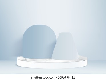 Background vector 3d blue rendering with podium and minimal blue wall scene, minimal abstract background 3d rendering abstract geometric shape blue pastel color. Stage for awards on website in modern.