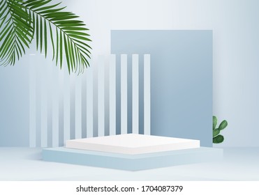 Background vector 3d blue rendering for product podium and minimal blue scene, minimal summer product background 3d render abstract geometric summer blue pastel. Stage for product modern on podium