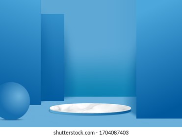 Background vector 3d blue rendering with podium and minimal blue wall scene, minimal abstract background 3d rendering abstract geometric shape blue pastel color. Stage for awards on website in modern.