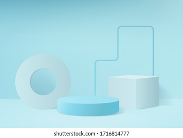 Background vector 3d blue rendering with podium and minimal blue wall scene, minimal abstract background 3d rendering abstract geometric shape blue pastel color. Stage for awards on website in modern.