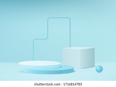 Background vector 3d blue rendering with podium and minimal blue wall scene, minimal abstract background 3d rendering abstract geometric shape blue pastel color. Stage for awards on website in modern.
