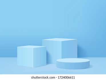 Background vector 3d blue rendering with podium and minimal blue wall scene, minimal podium background 3d rendering abstract shape stage blue pastel. Stage for product cube in podium platform