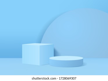 Background vector 3d blue rendering with podium and minimal blue wall scene, minimal abstract background 3d rendering abstract geometric shape blue pastel color. Stage for awards on website in modern.