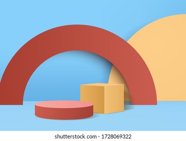 Background vector 3d blue rendering with red and yellow podium in blue scene, minimal abstract background 3d rendering abstract geometric shape blue pastel color. Stage for awards on website in modern