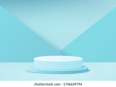 Background vector 3d blue rendering with podium and minimal blue wall scene, minimal abstract background 3d rendering abstract geometric shape blue pastel color. Stage for awards on website in modern.