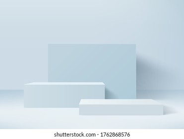 Background vector 3d blue rendering with podium and minimal blue wall scene, minimal abstract background 3d rendering abstract geometric shape blue pastel color. Stage for awards on website in modern.