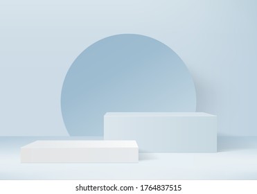 Background vector 3d blue rendering with podium and minimal blue stand scene, stand minimal blue background 3d rendering abstract geometric shape blue pastel display. Stage for award on display stand