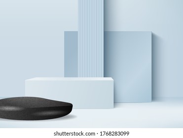 Background vector 3d blue rendering with podium and minimal blue wall scene, minimal abstract background 3d rendering abstract geometric shape blue pastel color. Stage and stand for awards  in modern.