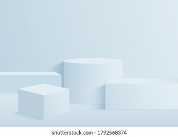 Background vector 3d blue rendering with podium and minimal blue wall scene, minimal abstract background 3d rendering abstract geometric shape blue pastel color. Stage for product on website in modern