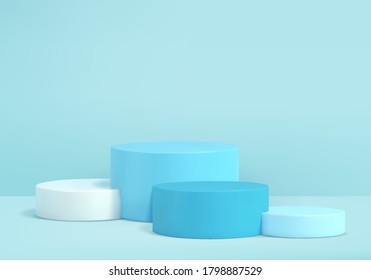 Background vector 3d blue rendering with podium and minimal blue summer scene with leaves, minimal abstract background 3d rendering abstract geometric shape blue pastel color. Stage for show cosmetic.