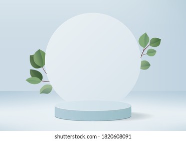 Background vector 3d blue rendering with podium and minimal blue summer stage with leaves, stage background 3d rendering abstract geometric shape blue color. Stage for show product cosmetic.