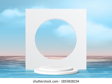 Background vector 3d blue rendering with white podium and minimal summer scene with water sea, minimal abstract background 3d rendering geometric shape blue sky. Stage for show cosmetic on podium.