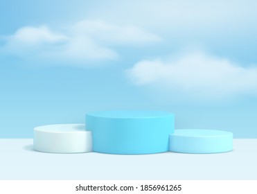 Background vector 3d blue rendering with podium and minimal blue summer scene with cloud sky, minimal abstract background 3d rendering geometric shape blue pastel color. Stage for show cosmetic