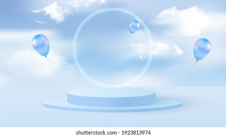 Background vector 3D blue rendering with podium and minimal cloudy scene. Minimal product display background 3d render of geometric shape sky blue pastel cloud with flying blue balloons. Vector illust