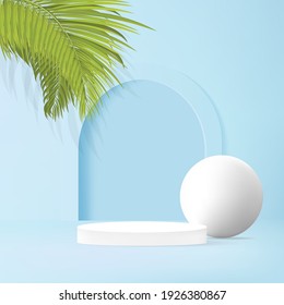 Background vector 3d blue rendering with podium and scene with leaves. cosmetic ads banner promotion.