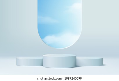 Background vector 3d blue rendering with podium and minimal cloud scene, minimal product display background 3d rendered geometric shape sky cloud blue pastel. Stage 3d render product in platform