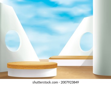 Background vector 3d blue rendering with white podium and minimal summer scene with water sea, minimal abstract background 3d rendering geometric shape blue sky. Stage for show product on podium.