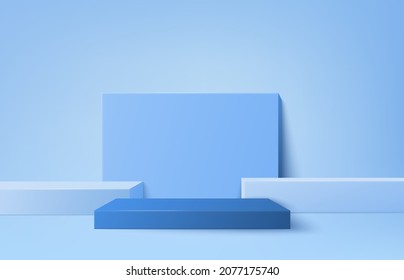 Hintergrund, Vektorgrafik 3d, blau dargestellt mit Podium minimaler blauer Pastellszene, minimaler abstrakter Hintergrund 3D-Darstellung abstrakter geometrischer Form blauer Pastelltöne, 3D-Standbänder-Hintergrund für Showprodukt