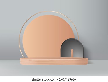 Background vector 3d brown rendering with podium and minimal dark wall scene, minimal abstract gray background 3d rendering abstract geometric shape black. Stage for awards on website in modern.