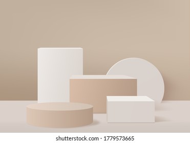 Background vector 3d brown rendering with podium and minimal cream studio scene, background 3d rendering geometric shape brown pastel. Stage for product display in cream brown studio background