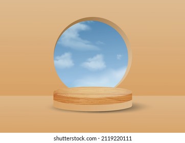 Hintergrund Vektor 3D-Zylinder Holz-Podium und minimale Cloud-Szene.