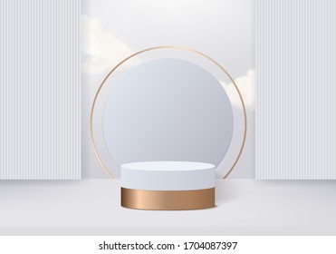 Background vector 3d gold rendering with podium minimal white wall scene, minimal abstract gold background 3d rendering abstract geometric shape gold podium. Gold stage for awards on vector podium
