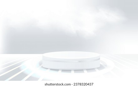 Background vector 3d gray podium heaven scene with cloud sky. Fantasy futuristic display place for product.