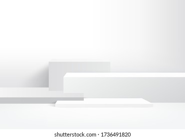 Background vector 3d gray rendering with podium and minimal white wall scene, minimal abstract background 3d rendering abstract geometric shape gray color. Stage for awards on website in modern