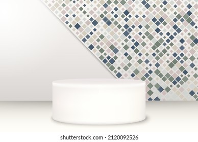 Background vector 3d gray rendering with podium and minimum product price. Mosaic wall background.