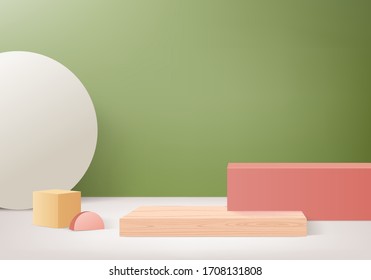 Background vector 3d green rendering with podium and minimal green scene, minimal abstract background 3d rendering geometric shape green pastel color. Stage for awards on website in modern.