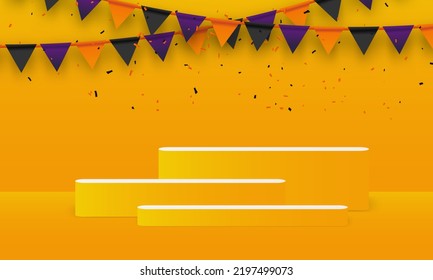 Background vector 3d Halloween color with confetti. Stage product and Flags Garlands Halloween concept. Product background abstract stage geometric shape Halloween concept. A stage for a product.