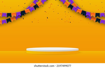 Background vector 3d Halloween color with confetti. Stage product and Flags Garlands Halloween concept. Product background abstract stage geometric shape Halloween concept. A stage for a product.