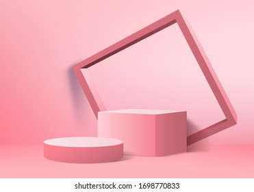 Background vector 3d love pink rendering with podium and minimal pink valentine scene, minimal abstract background 3d rendering abstract geometric shape pink pastel. Stage for cube product in modern.