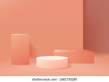 Background vector 3d orange color rendering with podium and minimal orange scene, minimal abstract background 3d rendering geometric shape orange pastel color. Stage for awards on website in modern.