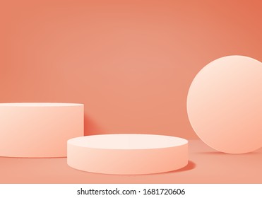 Background vector 3d orange rendering with podium and minimal orange scene, minimal abstract background 3d rendering geometric shape orange pastel color. Stage for awards on website in modern design.