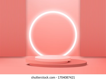 Background vector 3d orange rendering with podium and minimal orange scene, minimal abstract background 3d rendering geometric shape orange pastel color. Stage for awards on website in modern.