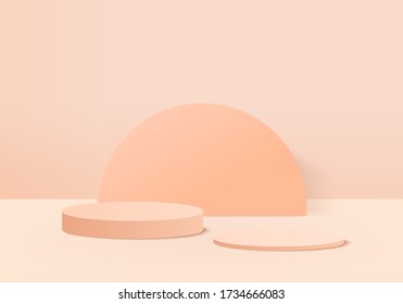 Background vector 3d orange rendering with podium and minimal pastel scene showcase, podium showcase background 3d rendering geometric shape orange pastel. Stage for showcase on Background 3d render.