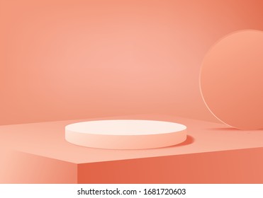 Background vector 3d orange studio rendering with podium and minimal orange scene, minimal studio background 3d rendering geometric shape orange pastel studio. Stage for objects in studio render 3d.