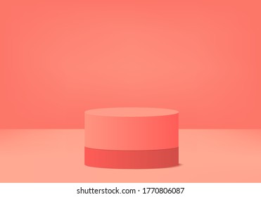 Background vector 3d pink coral shapes with podium and minimal pink wall scene, minimal abstract background 3d rendering abstract geometric shape orange pastel color. Stage for product on website 