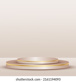 Vector de fondo 3d rosado y dorado redondo podio y rosado del producto 
y la escena de los cilindros redondos de oro, pantalla de producto fondo de plataforma de podio 3d color pastel rosa. 