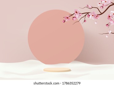 Background vector 3d pink render with sakura flower and pink pastel scene Japanese style, sakura minimal background 3d rendering display geometric pink sakura pastel. Stage spring for sakura product