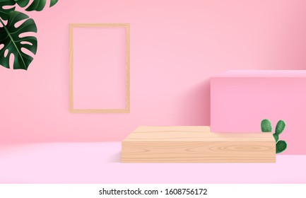 background vector 3d pink rendering with wood podium and monstera leaf, minimal abstract background 3d rendering abstract geometric shape pink pastel color,  wood modern and monstera tree