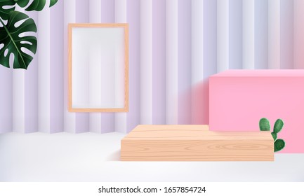 background vector 3d pink rendering with podium and minimal pink wall scene, minimal abstract background 3d stage rendering abstract geometric shape pink pastel color